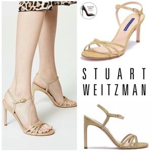 Stuart Weitzman Starla 80mm Gold Metallic Glitter Stiletto Heel Sandals Pumps